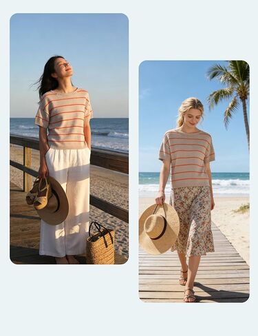 QIBABU Womens Short Sleeve Striped Sweater Top Casual Crewneck Lightweight Shirt Spring Summer Cropped Knit Tops in Kuwait