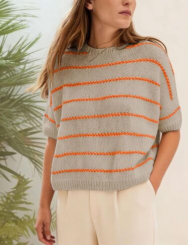 QIBABU Womens Short Sleeve Striped Sweater Top Casual Crewneck Lightweight Shirt Spring Summer Cropped Knit Tops in Kuwait