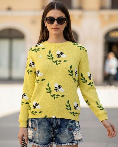 Womens Bees Print Long Sleeve Sweater Crewneck Cute Knit Tops Fall Casual Loose Pullovers Shirts in Saudi Arabia