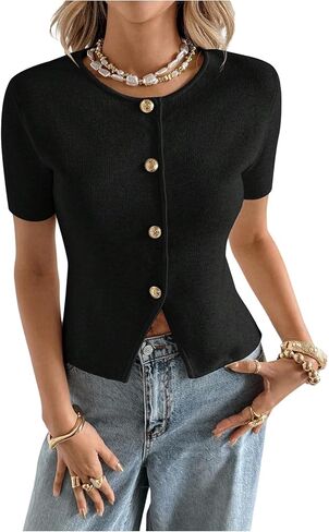 GORGLITTER Women's Short Sleeve Button Down Sweaters Cardigans Knit Tops Trendy Dressy Cute Cozy Cropped Sweater in Saudi Arabia