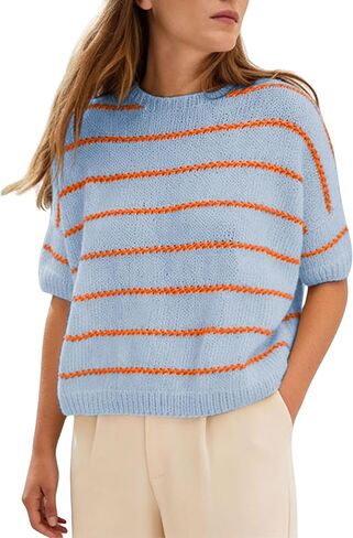 QIBABU Womens Short Sleeve Striped Sweater Top Casual Crewneck Lightweight Shirt Spring Summer Cropped Knit Tops in Kuwait