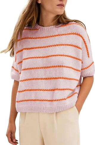 QIBABU Womens Short Sleeve Striped Sweater Top Casual Crewneck Lightweight Shirt Spring Summer Cropped Knit Tops in Kuwait