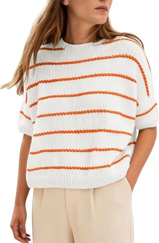 QIBABU Womens Short Sleeve Striped Sweater Top Casual Crewneck Lightweight Shirt Spring Summer Cropped Knit Tops in Kuwait