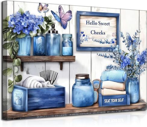 Navy Blue Farmhouse Bathroom Canvas Wall Art Blue Flowers and Butterflies Painting Picture Wall Decor Poster Print Artwork for Toilet Washroom Restroom Home Decoration in Saudi Arabia