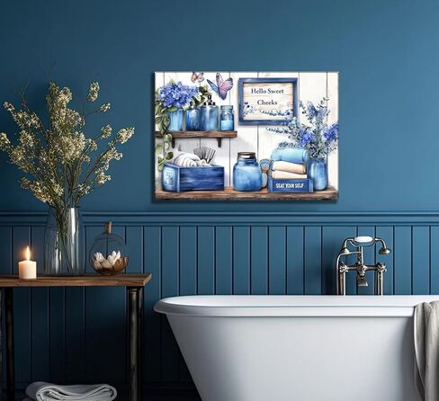 Navy Blue Farmhouse Bathroom Canvas Wall Art Blue Flowers and Butterflies Painting Picture Wall Decor Poster Print Artwork for Toilet Washroom Restroom Home Decoration in Saudi Arabia