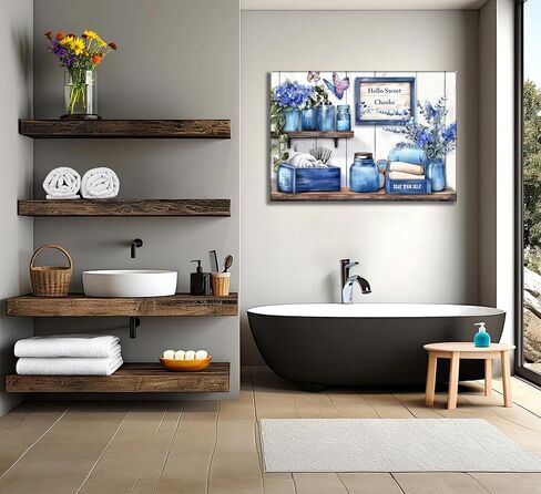 Navy Blue Farmhouse Bathroom Canvas Wall Art Blue Flowers and Butterflies Painting Picture Wall Decor Poster Print Artwork for Toilet Washroom Restroom Home Decoration in Saudi Arabia