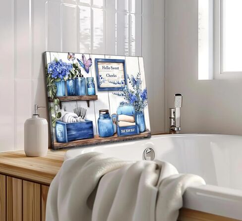Navy Blue Farmhouse Bathroom Canvas Wall Art Blue Flowers and Butterflies Painting Picture Wall Decor Poster Print Artwork for Toilet Washroom Restroom Home Decoration in Saudi Arabia