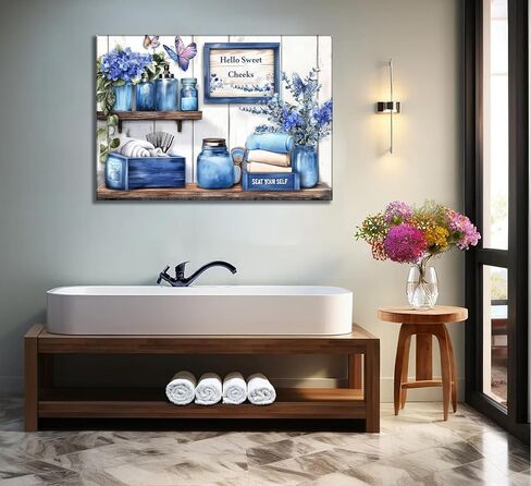 Navy Blue Farmhouse Bathroom Canvas Wall Art Blue Flowers and Butterflies Painting Picture Wall Decor Poster Print Artwork for Toilet Washroom Restroom Home Decoration in Saudi Arabia