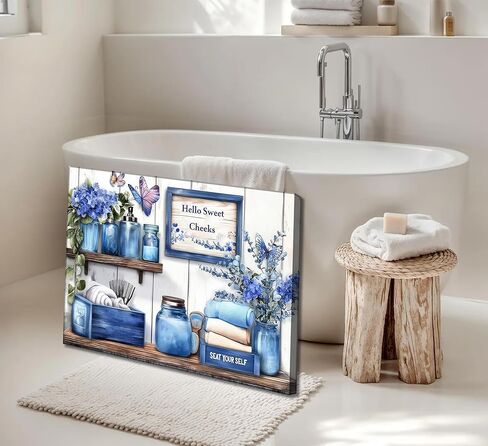 Navy Blue Farmhouse Bathroom Canvas Wall Art Blue Flowers and Butterflies Painting Picture Wall Decor Poster Print Artwork for Toilet Washroom Restroom Home Decoration in Saudi Arabia