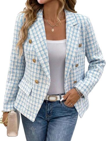 Tweed Blazer for Women Plaid 2024 Fall Fashion Lightweight Slim Fitted Double-Breasted Work Pocketed Jacket in Kuwait