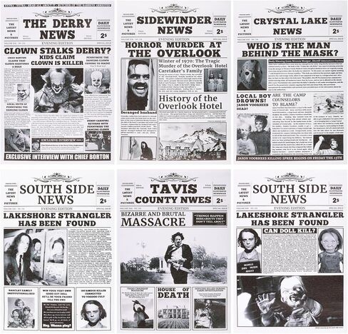 Lyrrzn Vintage Horror Movie Newspaper Posters - 8.27x11.81 Inches (21x30cm) Set of 6 Unframed Canvas Paper Prints - Halloween Wall Decor & Table Display for Horror Movie Fans in Saudi Arabia