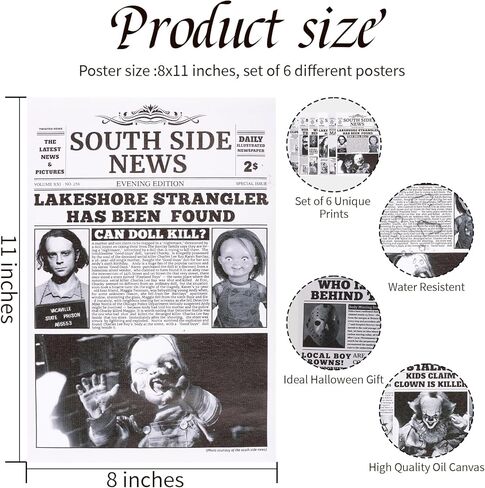 Lyrrzn Vintage Horror Movie Newspaper Posters - 8.27x11.81 Inches (21x30cm) Set of 6 Unframed Canvas Paper Prints - Halloween Wall Decor & Table Display for Horror Movie Fans in Saudi Arabia