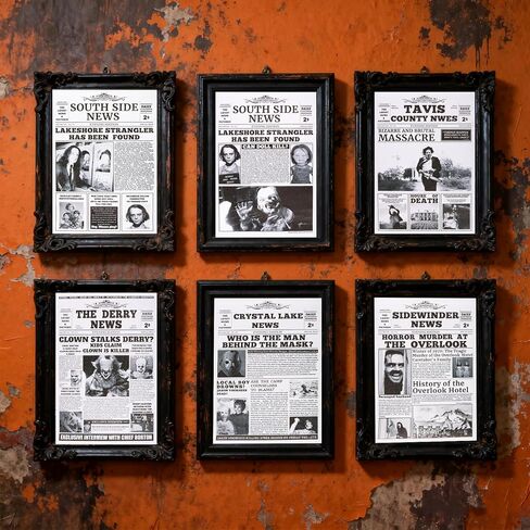 Lyrrzn Vintage Horror Movie Newspaper Posters - 8.27x11.81 Inches (21x30cm) Set of 6 Unframed Canvas Paper Prints - Halloween Wall Decor & Table Display for Horror Movie Fans in Saudi Arabia