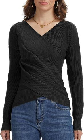 Wrap Criss Cross Sweater for Women, V Neck Ruched Pullover Off Shoulder Long Sleeve Fashion Fall Casual Tops in Saudi Arabia