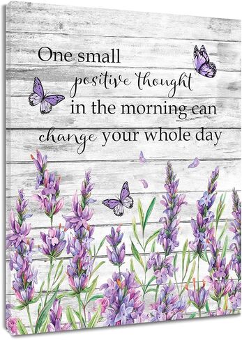 EOBTAIN اقتباسات ملهمة والفراشة الأرجوانية قماش جدار الفن الخزامى الأزهار مع ورقة خضراء جدار الفن للحمام غرفة المعيشة غرفة نوم صورة خمر جدار ديكور مؤطرة غرفة نوم قماش الطباعة، 12 × 16 بوصة in Kuwait