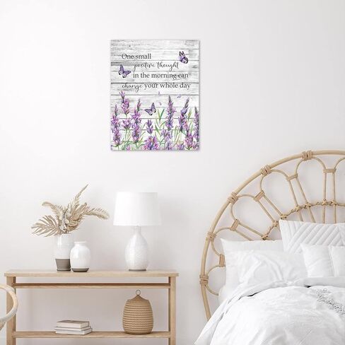 EOBTAIN اقتباسات ملهمة والفراشة الأرجوانية قماش جدار الفن الخزامى الأزهار مع ورقة خضراء جدار الفن للحمام غرفة المعيشة غرفة نوم صورة خمر جدار ديكور مؤطرة غرفة نوم قماش الطباعة، 12 × 16 بوصة in Kuwait