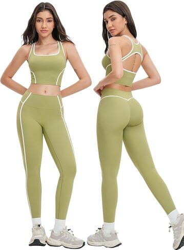 Women 2 Piece Workout Sets Backless Color Block Tank Tops Matching High Waist Active Leggings Yoga Outfits in Saudi Arabia