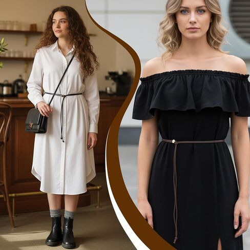2 Pack Women Skinny Belt for Dress, PU Leather Thin Belt Ladies Knotted Waist Belts for Dresses Women Girls (Black, Brown) in Saudi Arabia