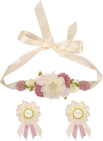 Baby Shower Maternity Sash Set for Mommy and Dad-to-be,Floral Pregnancy Sash for Women,Wedding Shower Accessories in Saudi Arabia