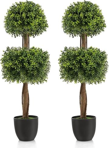 Goplus 40" Artificial Boxwood Topiary Ball Tree, 2 Pack Faux Potted Plants with Cement-Filled Plastic Pot, UV Resistant, Fake Evergreen Artificial Topiary for Indoor Outdoor Home Front Porch Decor in Saudi Arabia