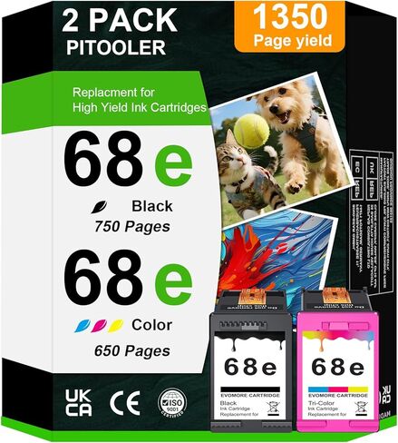 خراطيش حبر 68XL باللون الأسود والألوان البديلة لحبر HP 68 68e لطابعة Envy 6100e 6500e Series Invy 6100e 6552e 6555e 6558e 6155e 6152e (1 أسود، 1 لون) in Kuwait