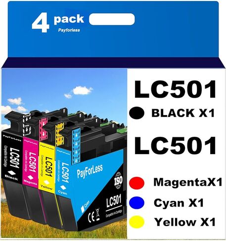 خراطيش حبر PayForLess LC501 لخراطيش الحبر Brother LC501 LC501XL 501 501XL لـ Brother MFC-J1260DW MFC-J1360DW MFC-J1410DW 4 عبوات (1 أسود، 1 سماوي، 1 أرجواني، 1 أصفر) in Kuwait