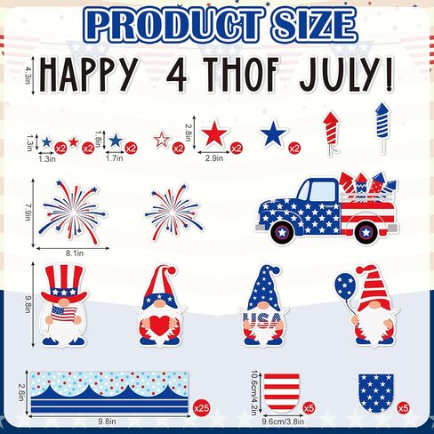 AnyDesign 4th of July Bulletin Board Decoration Red Blue Patriotic Gnome Truck Paper Cutouts with 150 Pcs Glue Points for Happy Independence Day Party Classroom Wall Decor, 72 Pcs in Saudi Arabia