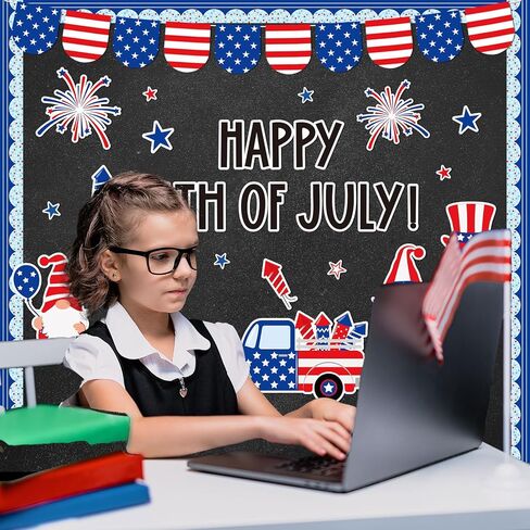 AnyDesign 4th of July Bulletin Board Decoration Red Blue Patriotic Gnome Truck Paper Cutouts with 150 Pcs Glue Points for Happy Independence Day Party Classroom Wall Decor, 72 Pcs in Saudi Arabia
