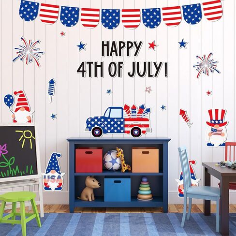 AnyDesign 4th of July Bulletin Board Decoration Red Blue Patriotic Gnome Truck Paper Cutouts with 150 Pcs Glue Points for Happy Independence Day Party Classroom Wall Decor, 72 Pcs in Saudi Arabia