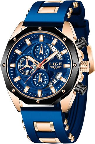 LIGE Men's Wrist Watches Analog Dress Waterproof Work Casual Unique Vintage Chronograph Quartz 3ATM Water Resistant Silicone Strap Luminous Date Elegance Daily Chronograph Watch in Kuwait