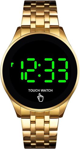 PASOY Touch Screen Digital LED Watch Green Highlight Backlight Stainless Steel WatchBand Waterproof Casual Sport Mens Womens Boys Watch (Gold) in Kuwait