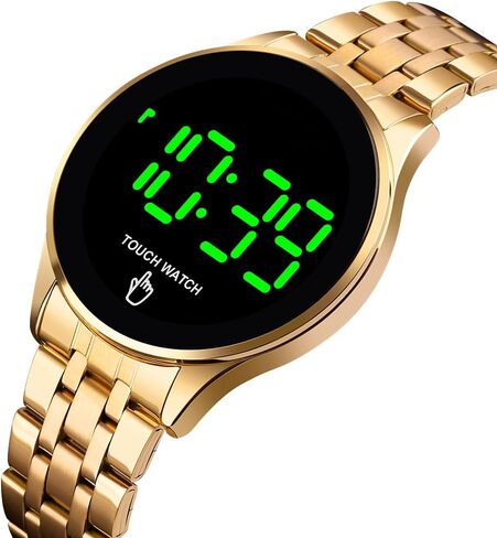 PASOY Touch Screen Digital LED Watch Green Highlight Backlight Stainless Steel WatchBand Waterproof Casual Sport Mens Womens Boys Watch (Gold) in Kuwait
