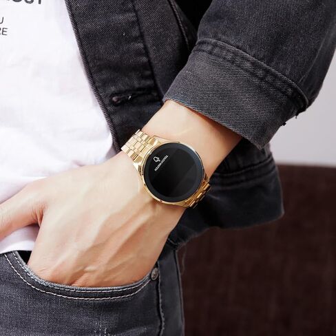 PASOY Touch Screen Digital LED Watch Green Highlight Backlight Stainless Steel WatchBand Waterproof Casual Sport Mens Womens Boys Watch (Gold) in Kuwait