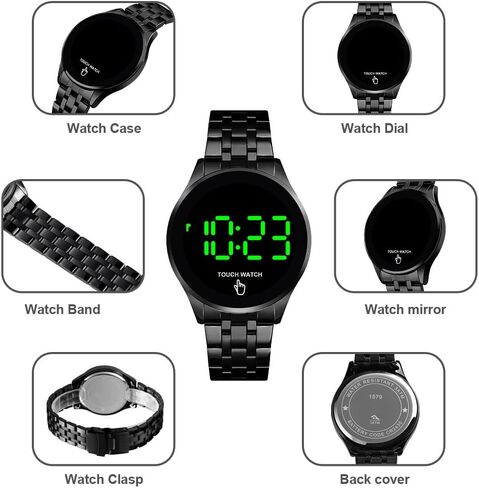 PASOY Touch Screen Digital LED Watch Green Highlight Backlight Stainless Steel WatchBand Waterproof Casual Sport Mens Womens Boys Watch (Gold) in Kuwait