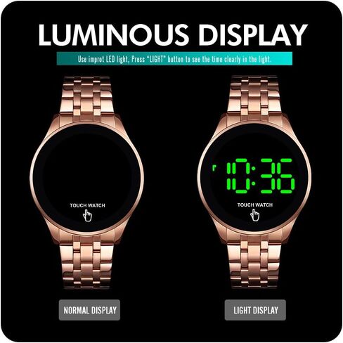 PASOY Touch Screen Digital LED Watch Green Highlight Backlight Stainless Steel WatchBand Waterproof Casual Sport Mens Womens Boys Watch (Gold) in Kuwait