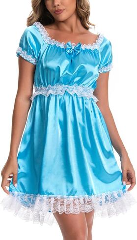 Satini Lingerie Satin Sissy Babydoll Ruffles Frilly Lace Slip Nightwear Dress in Kuwait