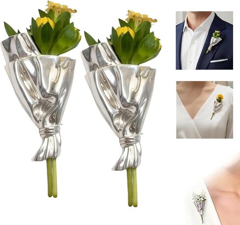 2Pcs Artful Alloy Flower Bouquet Vase Brooch - DIY Wearable Floral Lapel Pin for Women, Luxury Silver Clothing Accessory for Jacket Dress Coat, Perfect Prom Wedding Mother's Day Gift in Kuwait