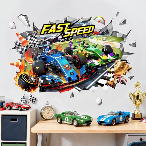 3D Racing Car Wall Decals - Speeding Race Car Break Through Wall Stickers for Boys Kids Toddles Teens Bedroom Nursery Playroom Classroom Decor in Saudi Arabia