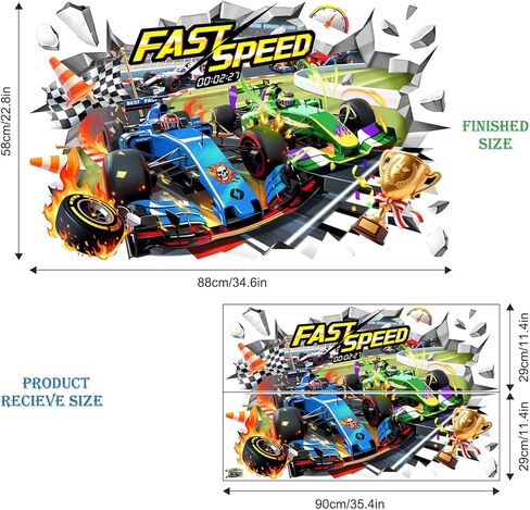 3D Racing Car Wall Decals - Speeding Race Car Break Through Wall Stickers for Boys Kids Toddles Teens Bedroom Nursery Playroom Classroom Decor in Saudi Arabia