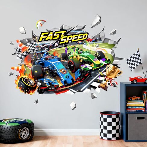 3D Racing Car Wall Decals - Speeding Race Car Break Through Wall Stickers for Boys Kids Toddles Teens Bedroom Nursery Playroom Classroom Decor in Saudi Arabia