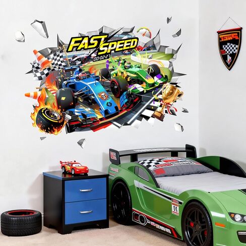 3D Racing Car Wall Decals - Speeding Race Car Break Through Wall Stickers for Boys Kids Toddles Teens Bedroom Nursery Playroom Classroom Decor in Saudi Arabia