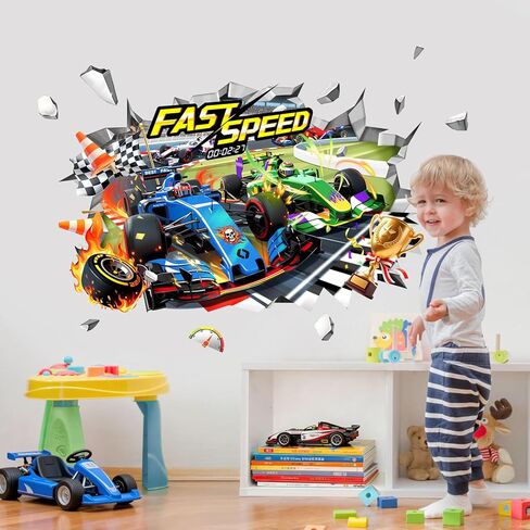 3D Racing Car Wall Decals - Speeding Race Car Break Through Wall Stickers for Boys Kids Toddles Teens Bedroom Nursery Playroom Classroom Decor in Saudi Arabia