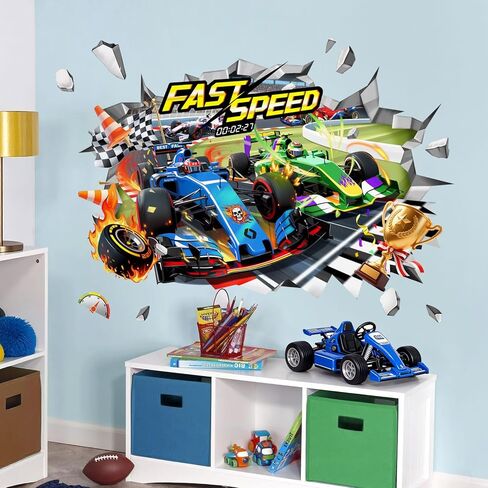 3D Racing Car Wall Decals - Speeding Race Car Break Through Wall Stickers for Boys Kids Toddles Teens Bedroom Nursery Playroom Classroom Decor in Saudi Arabia