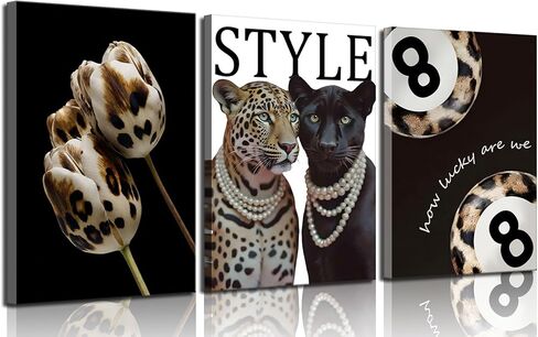 3Pcs Fashion Cheetah Canvas Wall Art Black and White Lucky 8 Ball Pictures Wall Decor Trendy Leopard Floral Aesthetic Posters Prints for Bedroom Apartment Dorm 12x16in in Saudi Arabia