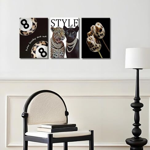 3Pcs Fashion Cheetah Canvas Wall Art Black and White Lucky 8 Ball Pictures Wall Decor Trendy Leopard Floral Aesthetic Posters Prints for Bedroom Apartment Dorm 12x16in in Saudi Arabia