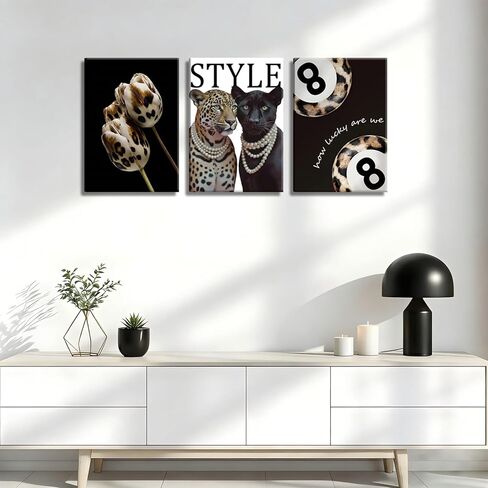 3Pcs Fashion Cheetah Canvas Wall Art Black and White Lucky 8 Ball Pictures Wall Decor Trendy Leopard Floral Aesthetic Posters Prints for Bedroom Apartment Dorm 12x16in in Saudi Arabia