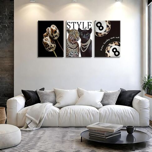 3Pcs Fashion Cheetah Canvas Wall Art Black and White Lucky 8 Ball Pictures Wall Decor Trendy Leopard Floral Aesthetic Posters Prints for Bedroom Apartment Dorm 12x16in in Saudi Arabia