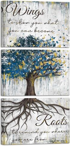Conipit Vertical Tree of Life Canvas Wall Art Butterfly Tree Painting Inspirational Butterfly Quotes Wall Decor Rustic Tree Canvas (Blue White, 12''x16''x3) in Kuwait