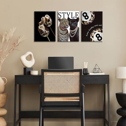3Pcs Fashion Cheetah Canvas Wall Art Black and White Lucky 8 Ball Pictures Wall Decor Trendy Leopard Floral Aesthetic Posters Prints for Bedroom Apartment Dorm 12x16in in Saudi Arabia