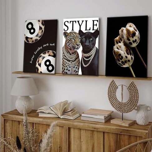 3Pcs Fashion Cheetah Canvas Wall Art Black and White Lucky 8 Ball Pictures Wall Decor Trendy Leopard Floral Aesthetic Posters Prints for Bedroom Apartment Dorm 12x16in in Saudi Arabia
